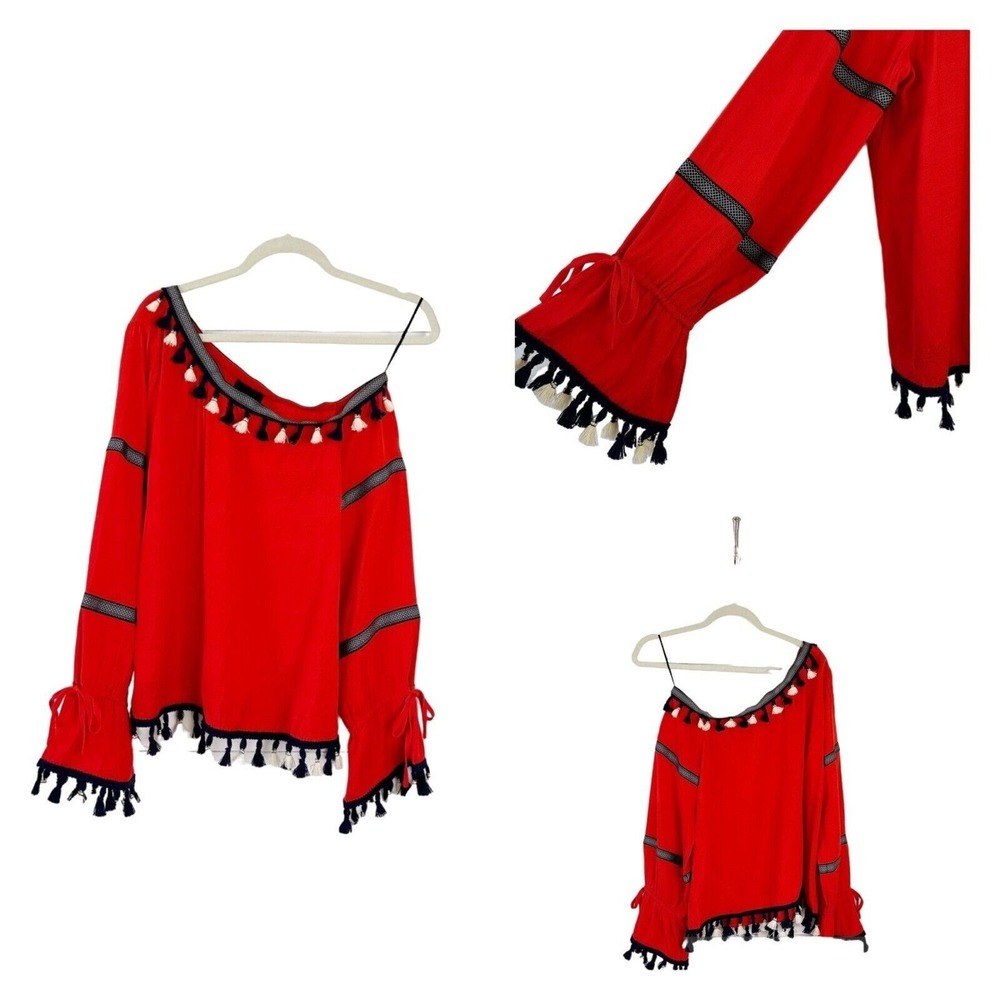 LUMIERE Red One Shoulder Tassel Trim Bell Sleeve Blouse Top L